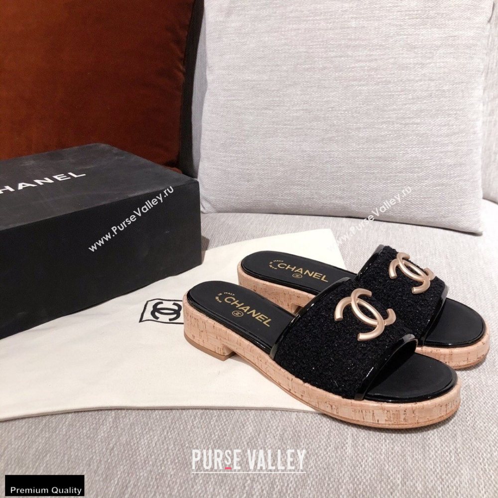 Chanel CC Logo Tweed Mules G36065 Black 2021 (kaola-21022356)