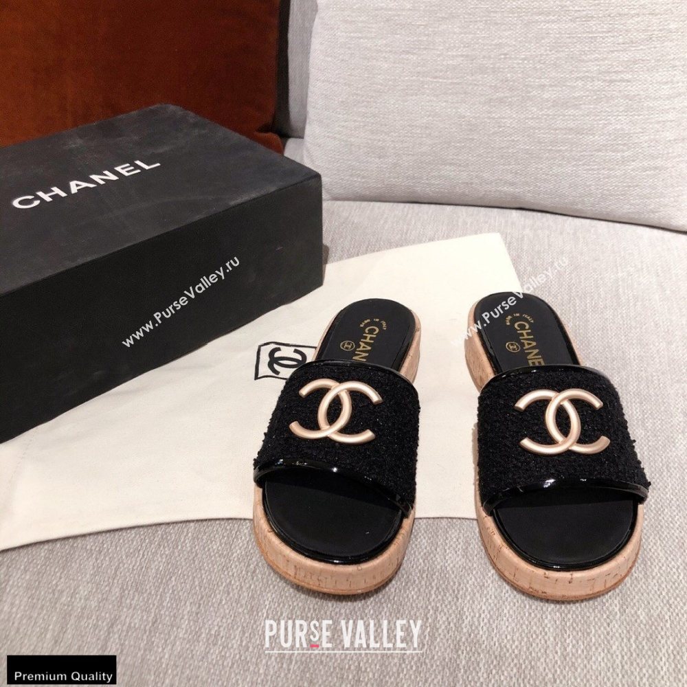 Chanel CC Logo Tweed Mules G36065 Black 2021 (kaola-21022356)