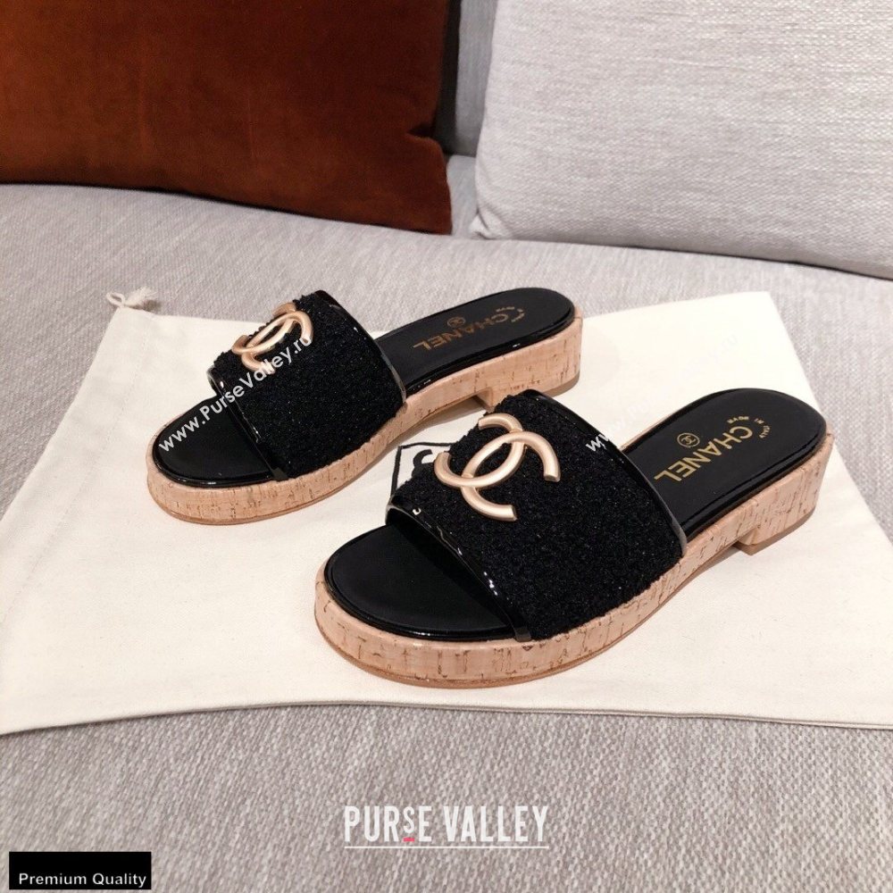 Chanel CC Logo Tweed Mules G36065 Black 2021 (kaola-21022356)