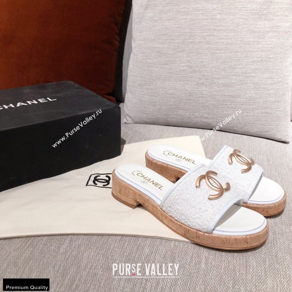 Chanel CC Logo Tweed Mules G36065 White 2021 (kaola-21022357)