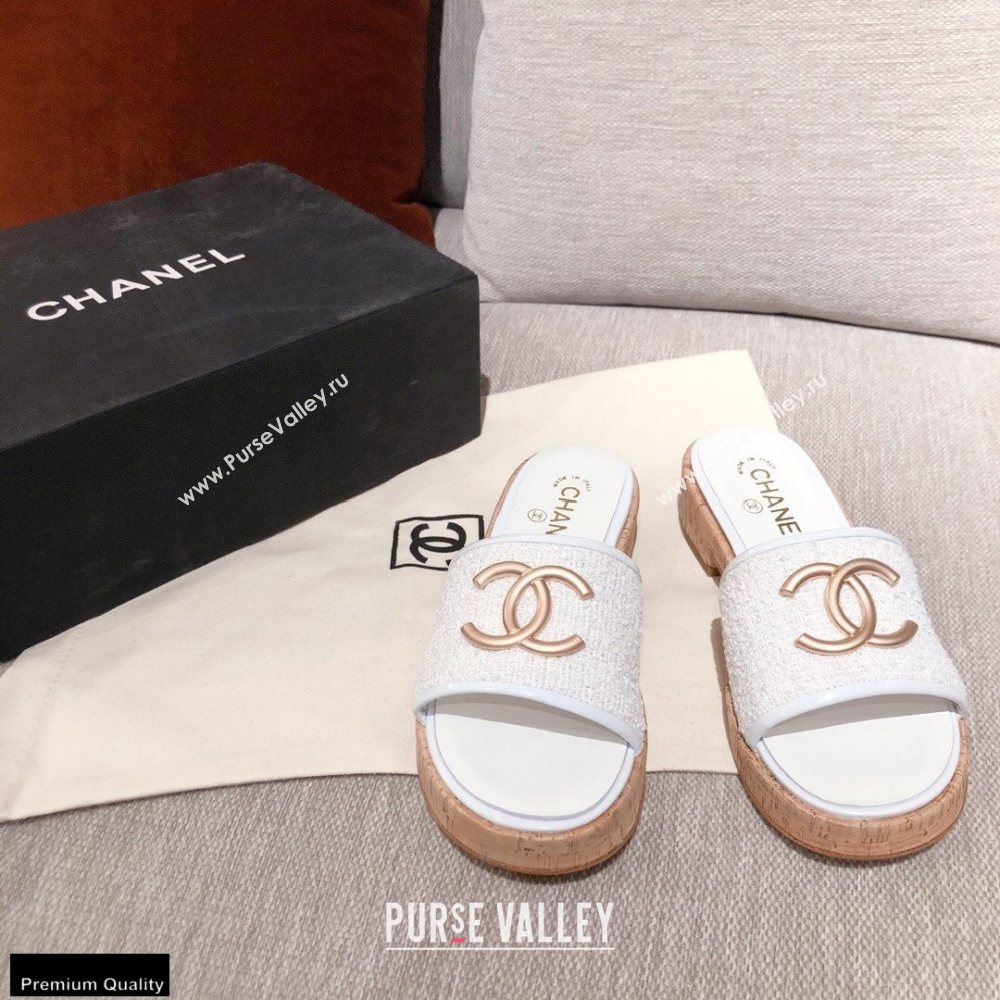 Chanel CC Logo Tweed Mules G36065 White 2021 (kaola-21022357)