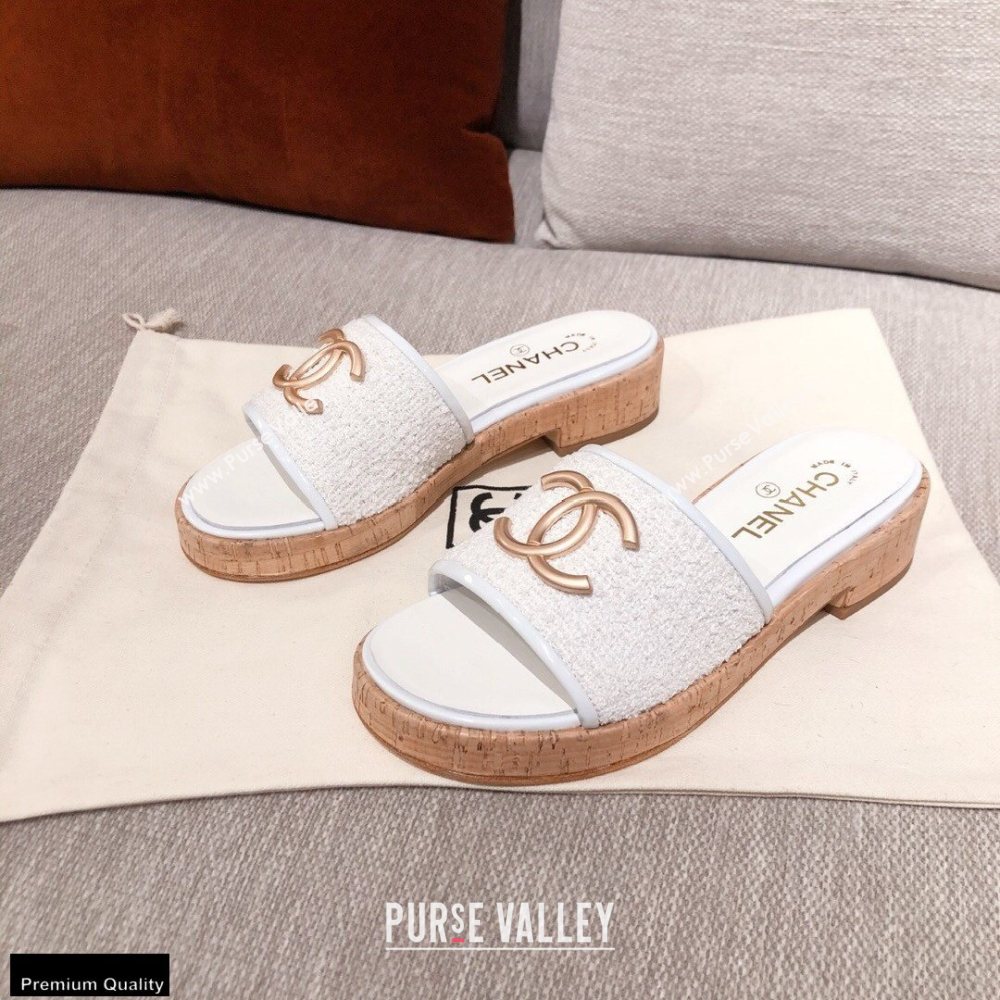 Chanel CC Logo Tweed Mules G36065 White 2021 (kaola-21022357)