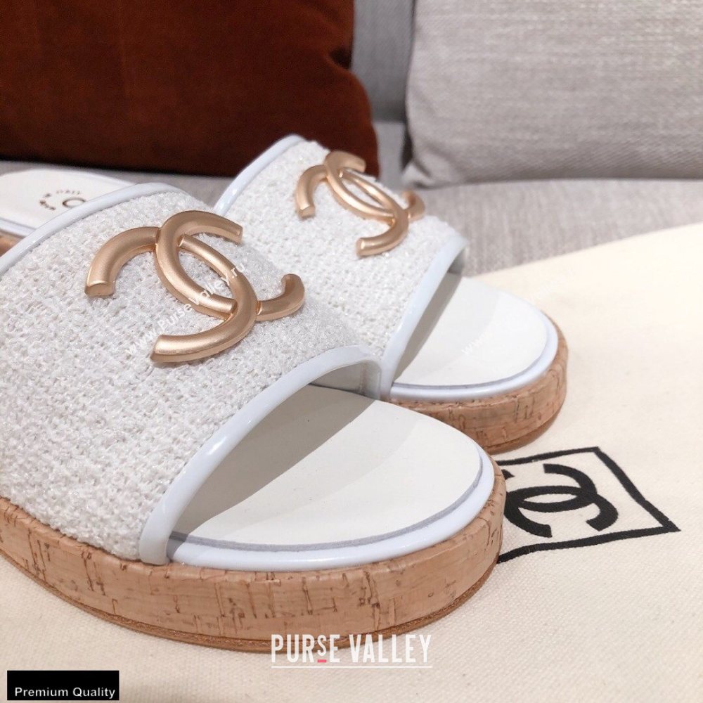Chanel CC Logo Tweed Mules G36065 White 2021 (kaola-21022357)