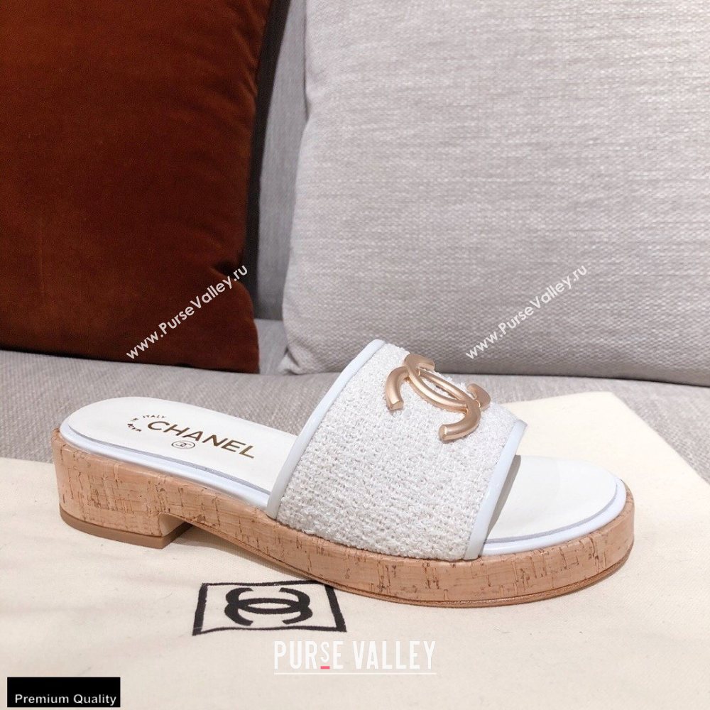 Chanel CC Logo Tweed Mules G36065 White 2021 (kaola-21022357)