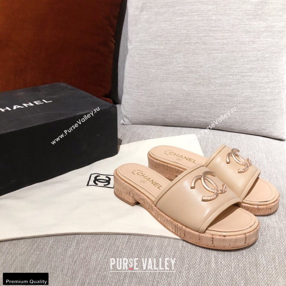 Chanel CC Logo Leather Mules G36065 Beige 2021 (kaola-21022355)