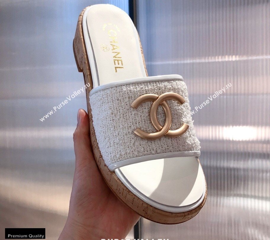 Chanel CC Logo Tweed Mules G36065 White 2021 (kaola-21022357)