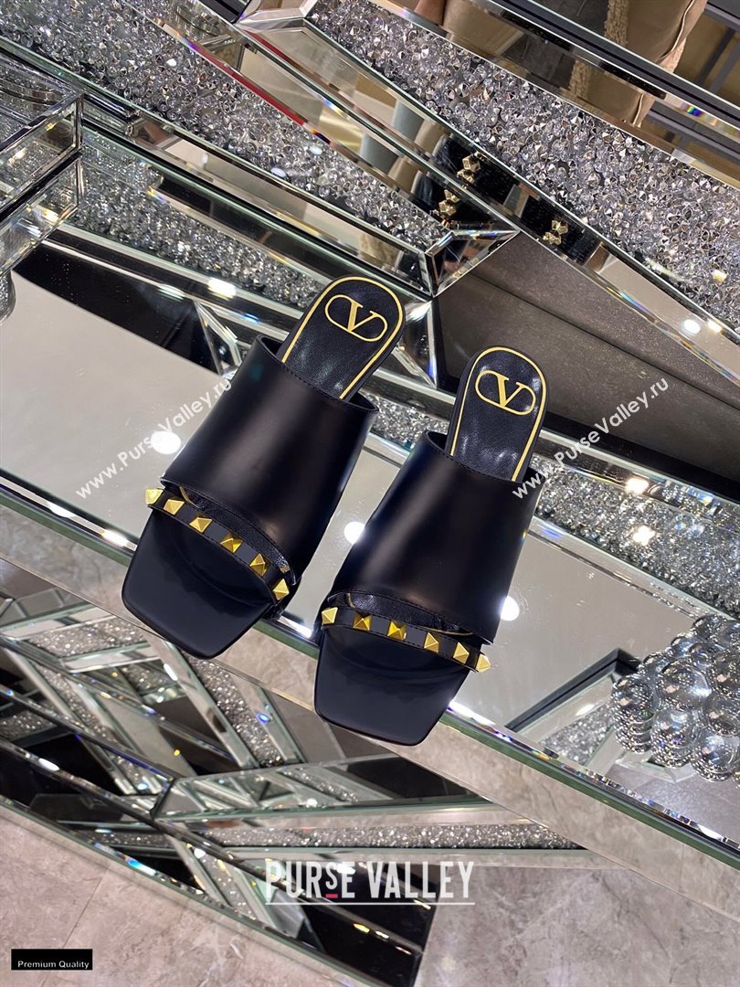 Valentino Sculpted Heel 6.5cm Rockstud Slide Sandals Black 2021 (modeng-21030350)