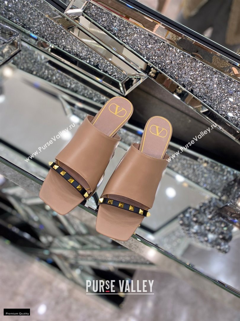Valentino Sculpted Heel 6.5cm Rockstud Slide Sandals Nude/Black 2021 (modeng-21030354)