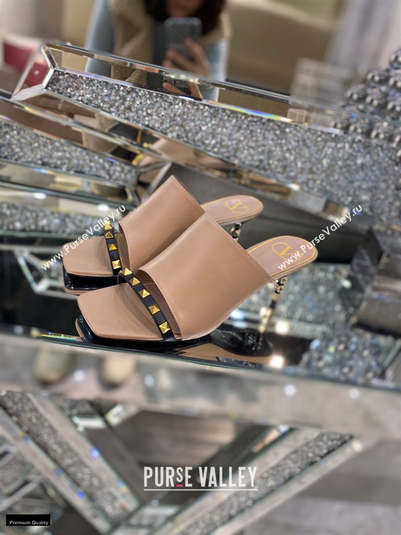 Valentino Sculpted Heel 6.5cm Rockstud Slide Sandals Nude/Black 2021 (modeng-21030354)