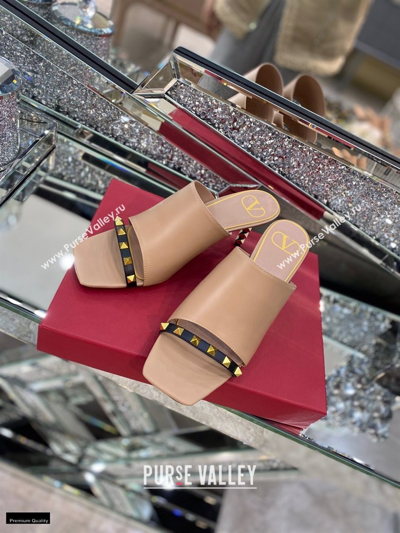 Valentino Sculpted Heel 6.5cm Rockstud Slide Sandals Nude/Black 2021 (modeng-21030354)