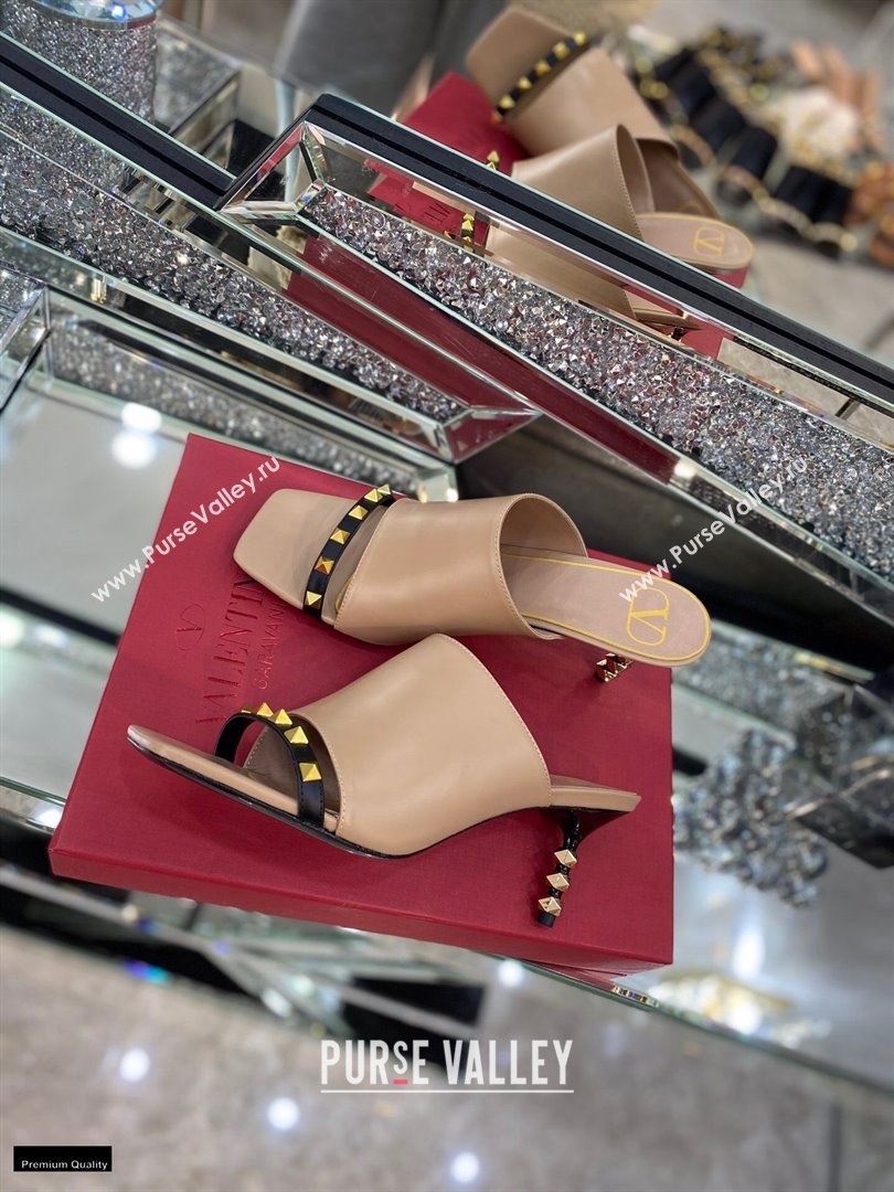 Valentino Sculpted Heel 6.5cm Rockstud Slide Sandals Nude/Black 2021 (modeng-21030354)