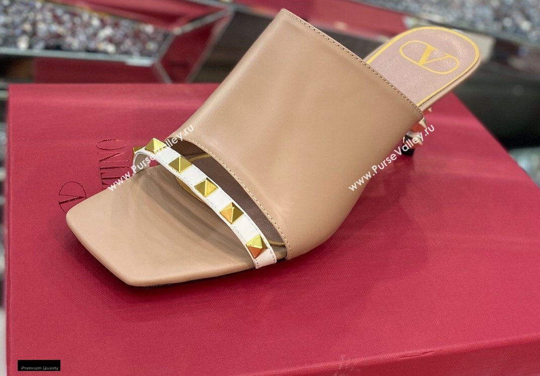 Valentino Sculpted Heel 6.5cm Rockstud Slide Sandals Nude/White 2021 (modeng-21030355)