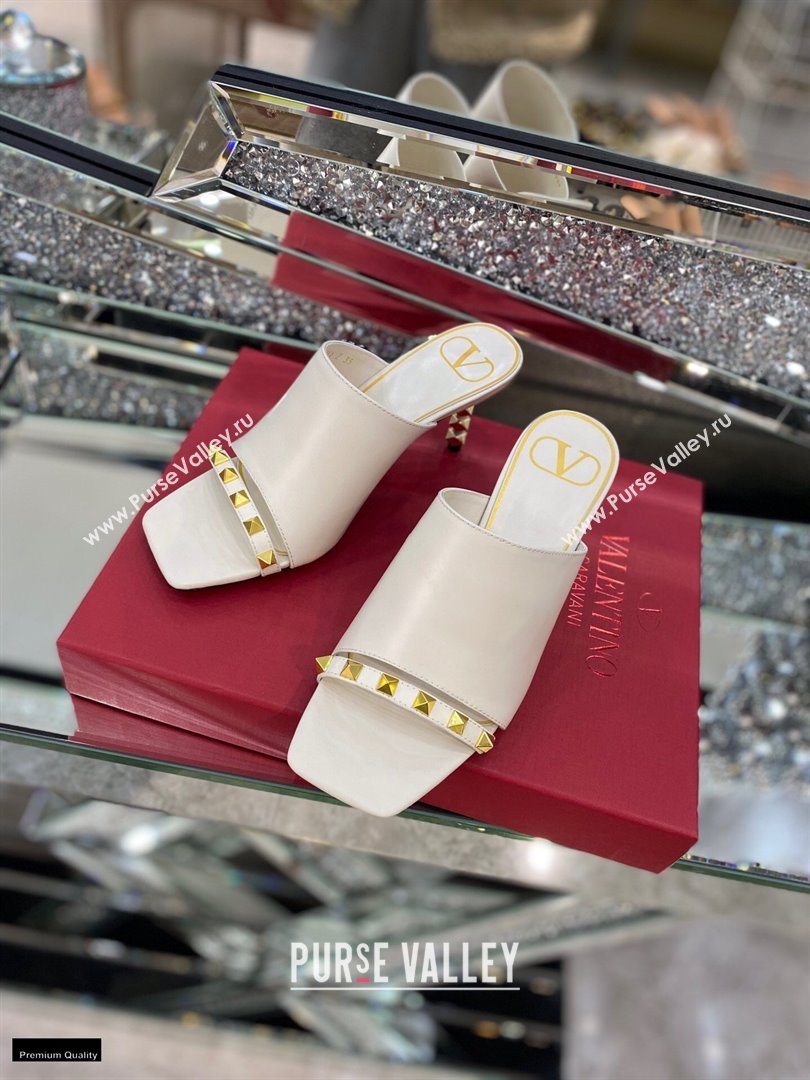 Valentino Sculpted Heel 6.5cm Rockstud Slide Sandals White 2021 (modeng-21030356)