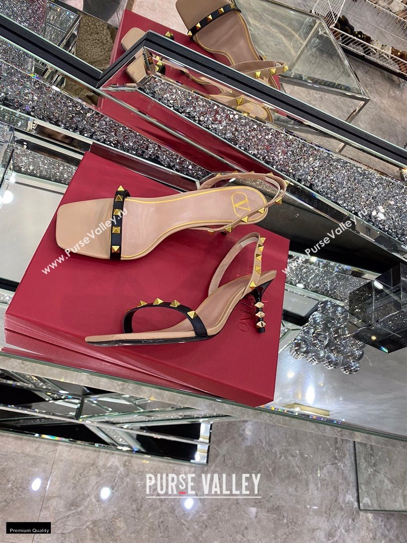 Valentino Sculpted Heel 6.5cm Rockstud Sandals Nude/Black 2021 (modeng-21030344)