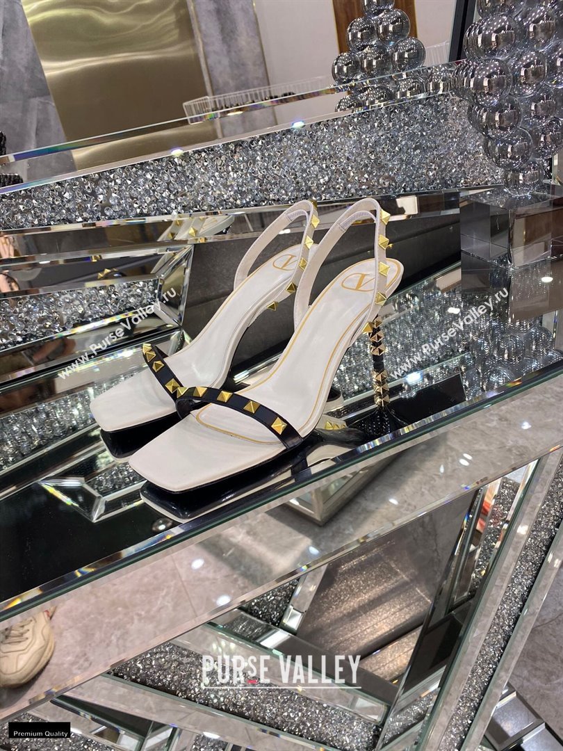 Valentino Sculpted Heel 6.5cm Rockstud Sandals White/Black 2021 (modeng-21030347)