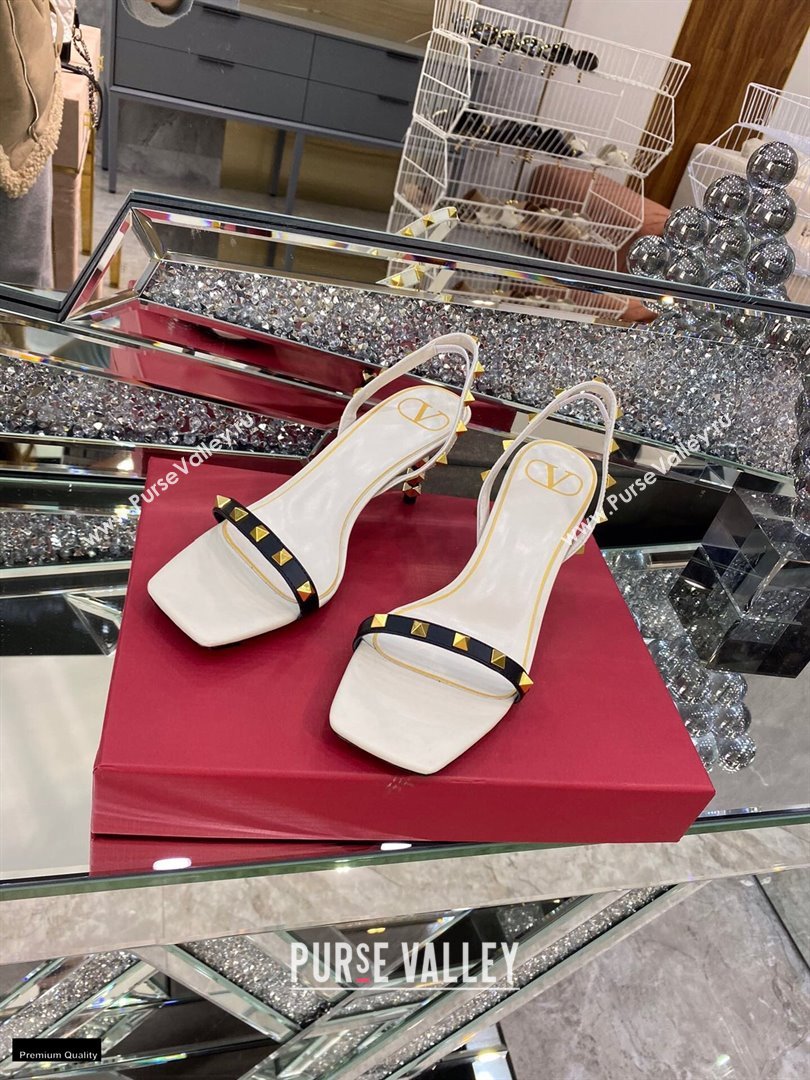 Valentino Sculpted Heel 6.5cm Rockstud Sandals White/Black 2021 (modeng-21030347)