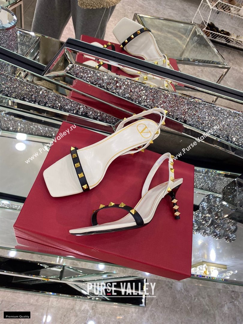 Valentino Sculpted Heel 6.5cm Rockstud Sandals White/Black 2021 (modeng-21030347)