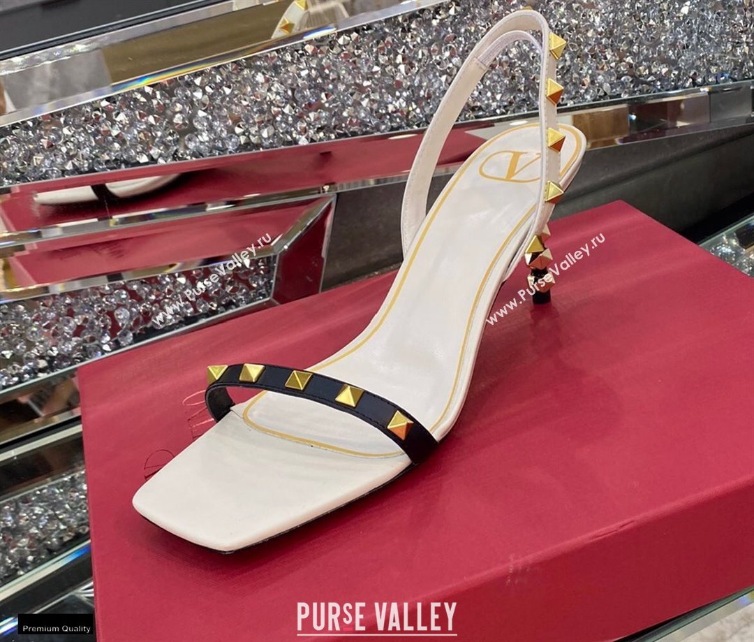 Valentino Sculpted Heel 6.5cm Rockstud Sandals White/Black 2021 (modeng-21030347)