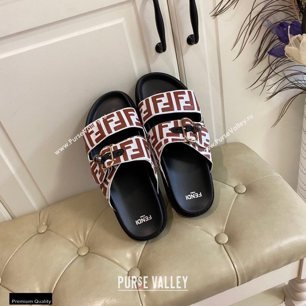 Fendi FF Leather Flat Slides Sandals with Double Band 01 2021 (modeng-21030455)