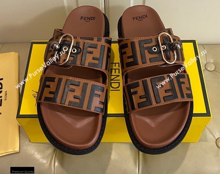 Fendi FF Leather Flat Slides Sandals with Double Band 05 2021 (modeng-21030459)