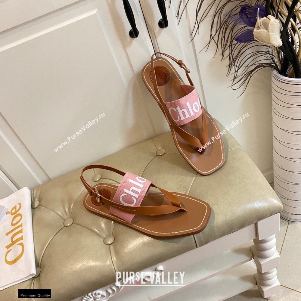 Chloe Logo Print Woody Flat Sandals in Calfskin and Canvas 03 2021 (modeng-21030478)