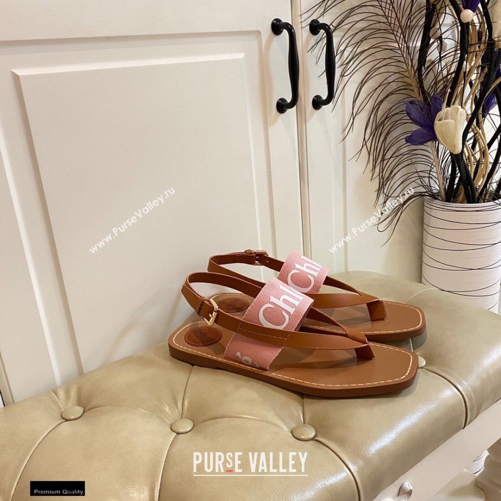 Chloe Logo Print Woody Flat Sandals in Calfskin and Canvas 03 2021 (modeng-21030478)