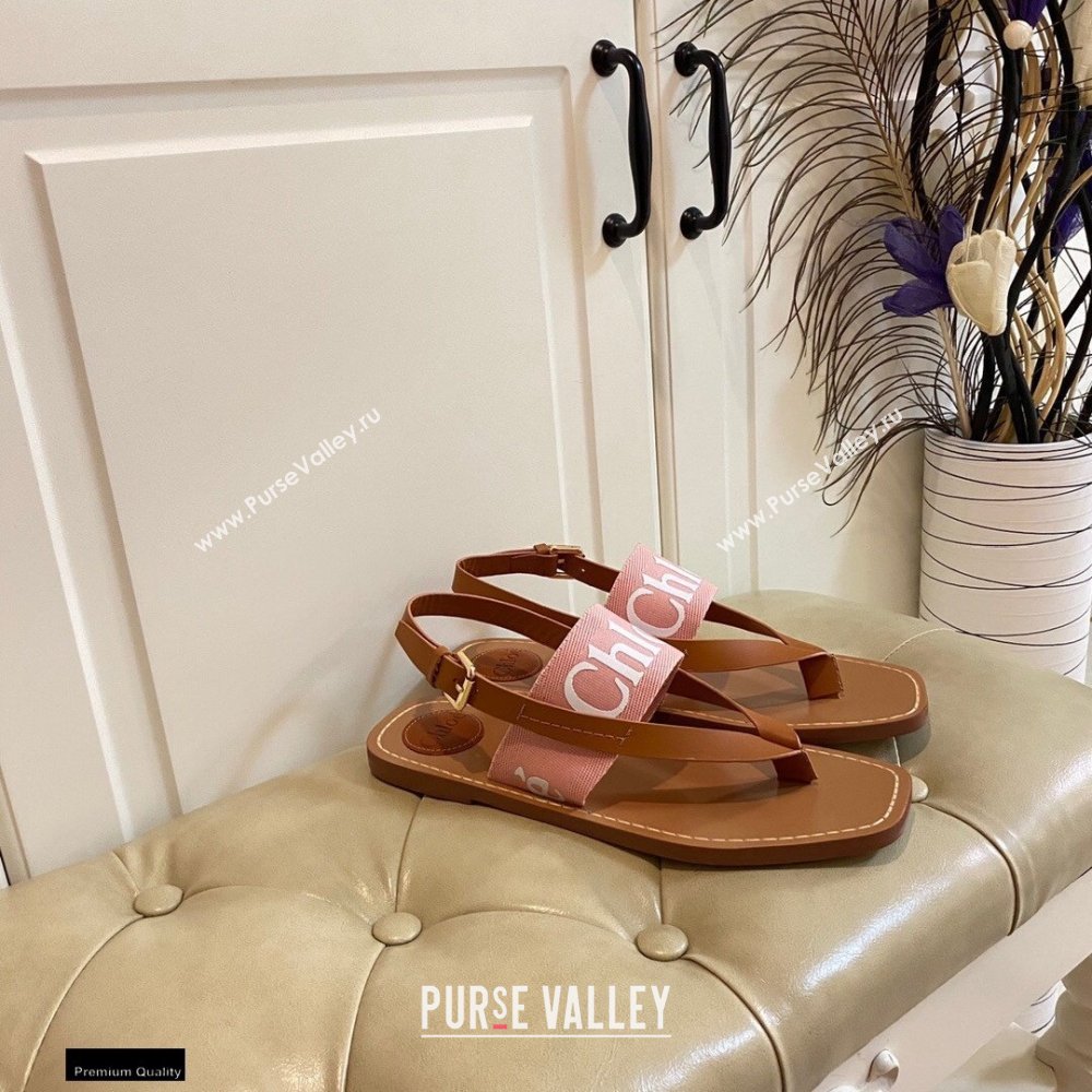 Chloe Logo Print Woody Flat Sandals in Calfskin and Canvas 03 2021 (modeng-21030478)