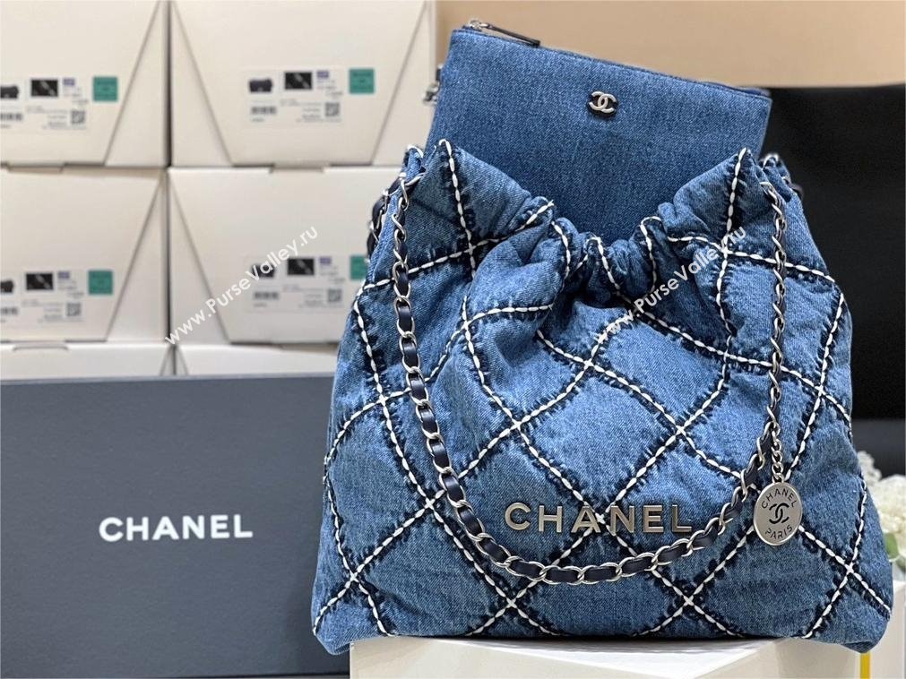 Chanel Stitched Denim Silver-Tone Metal Blue 22 Small Handbag AS3260 2024(original quality) (shunyang-240413-01)