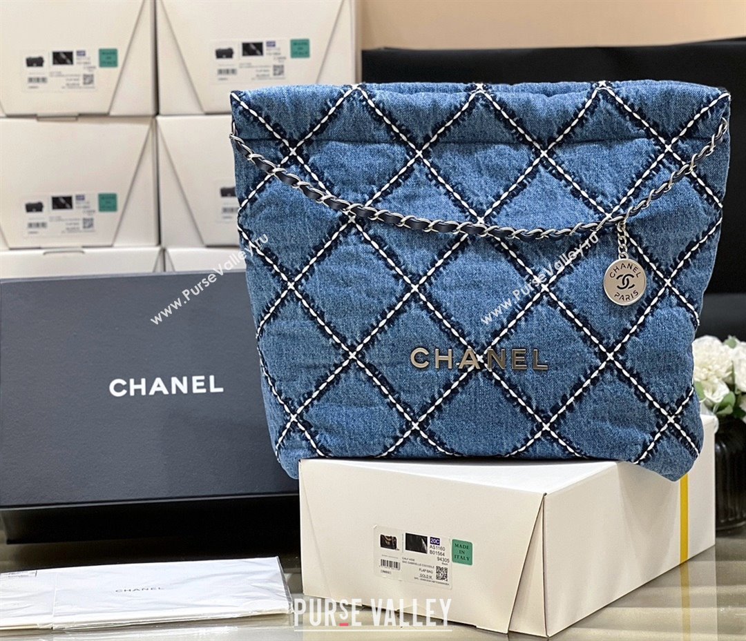 Chanel Stitched Denim Silver-Tone Metal Blue 22 Small Handbag AS3260 2024(original quality) (shunyang-240413-01)