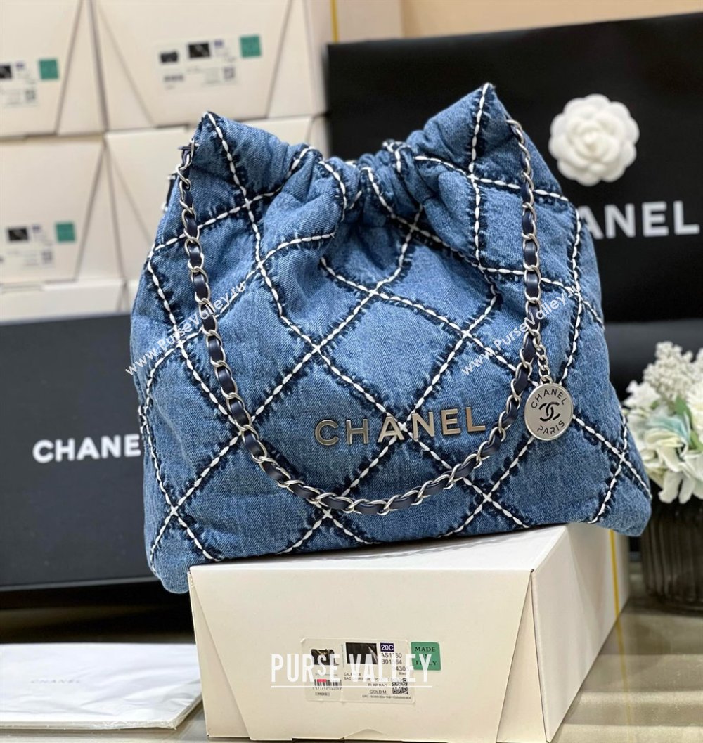 Chanel Stitched Denim Silver-Tone Metal Blue 22 Small Handbag AS3260 2024(original quality) (shunyang-240413-01)