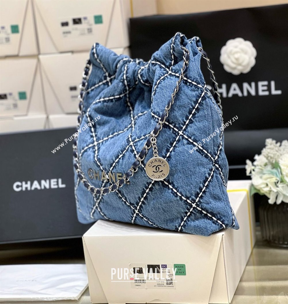 Chanel Stitched Denim Silver-Tone Metal Blue 22 Small Handbag AS3260 2024(original quality) (shunyang-240413-01)