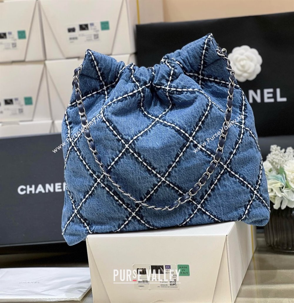 Chanel Stitched Denim Silver-Tone Metal Blue 22 Small Handbag AS3260 2024(original quality) (shunyang-240413-01)