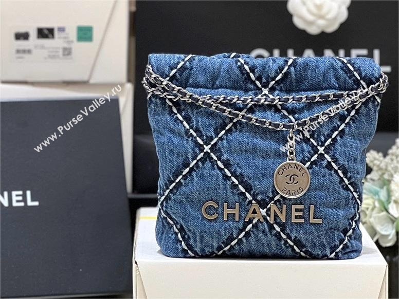 chanel Stitched Denim Silver-Tone Metal Blue 22 Mini Handbag AS3980 2024(original quality) (shunyang-240413-02)