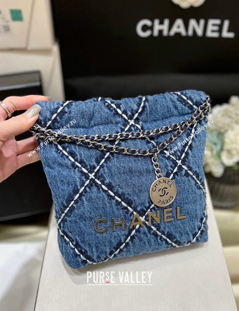 chanel Stitched Denim Silver-Tone Metal Blue 22 Mini Handbag AS3980 2024(original quality) (shunyang-240413-02)