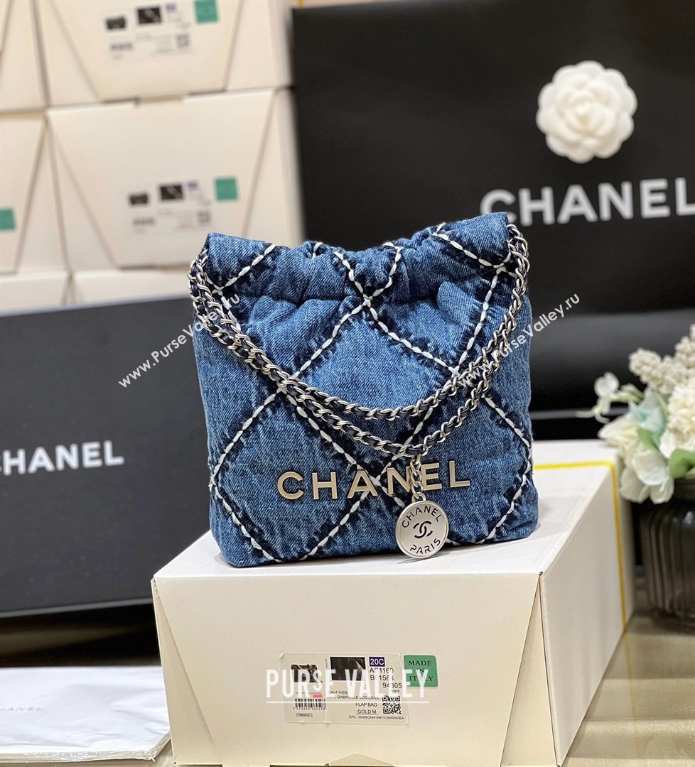 chanel Stitched Denim Silver-Tone Metal Blue 22 Mini Handbag AS3980 2024(original quality) (shunyang-240413-02)