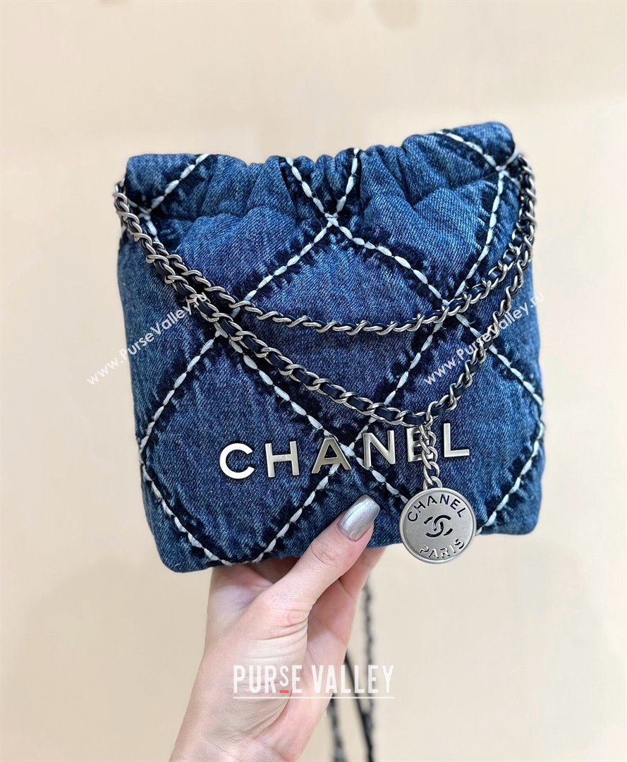 chanel Stitched Denim Silver-Tone Metal Blue 22 Mini Handbag AS3980 2024(original quality) (shunyang-240413-02)