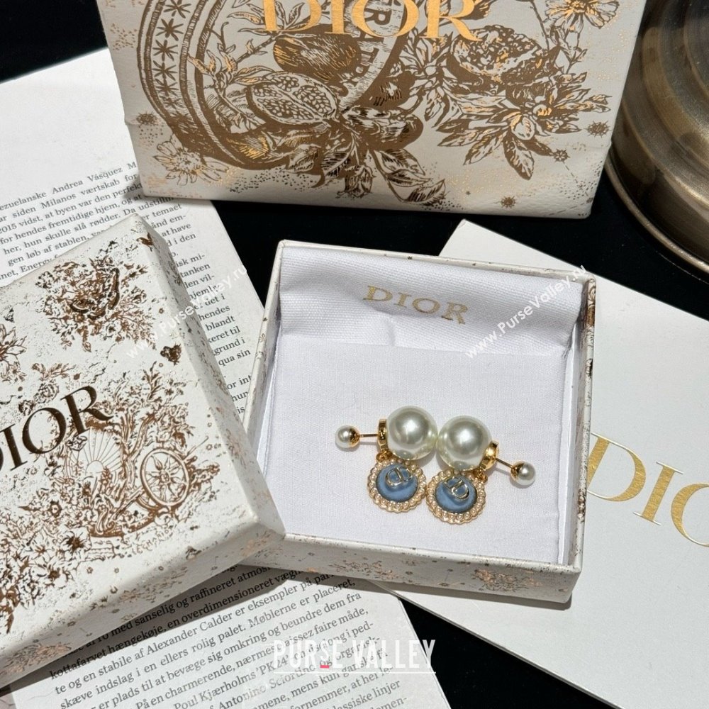 Dior Gold-Finish Metal with White Resin Pearls and Sky Blue Glass Tribales Earrings 2024 (youfang-240413-15)