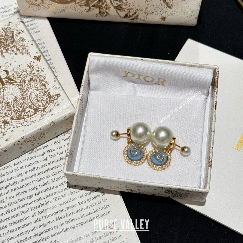 Dior Gold-Finish Metal with White Resin Pearls and Sky Blue Glass Tribales Earrings 2024 (youfang-240413-15)