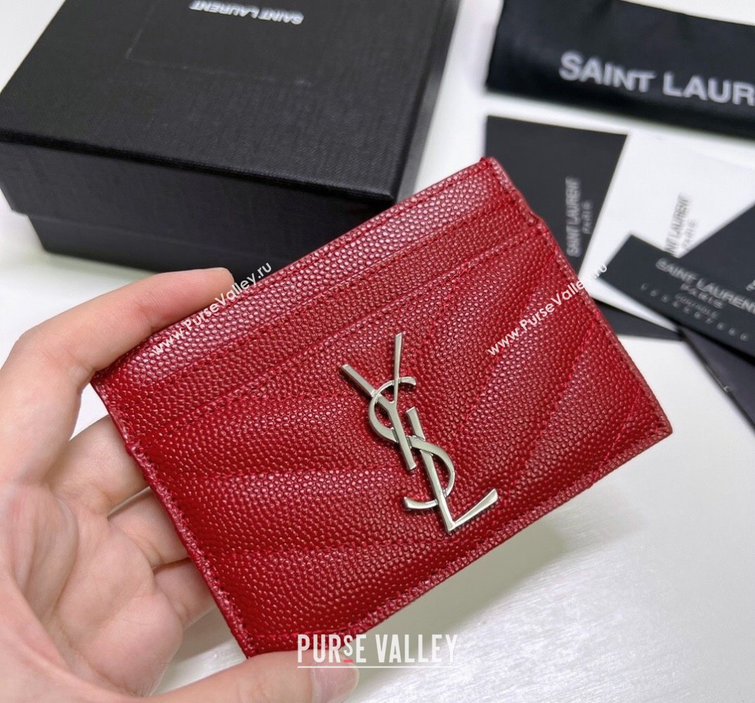 Saint Laurent Cassandre Matelasse Card Case In Grain De Poudre Embossed Leather 423291 Red/Silver (nana-24021812)