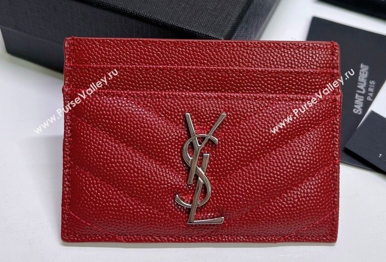 Saint Laurent Cassandre Matelasse Card Case In Grain De Poudre Embossed Leather 423291 Red/Silver (nana-24021812)