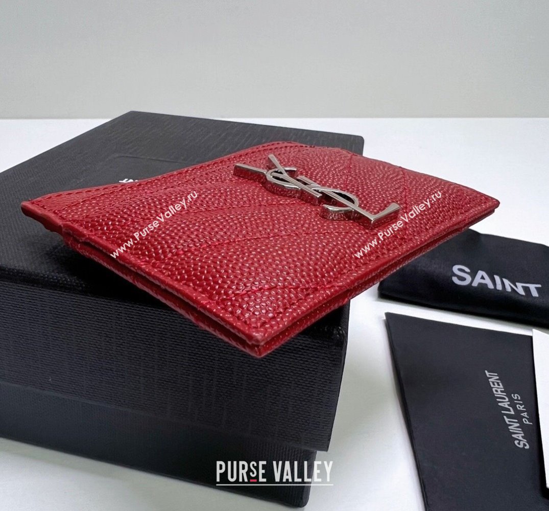 Saint Laurent Cassandre Matelasse Card Case In Grain De Poudre Embossed Leather 423291 Red/Silver (nana-24021812)