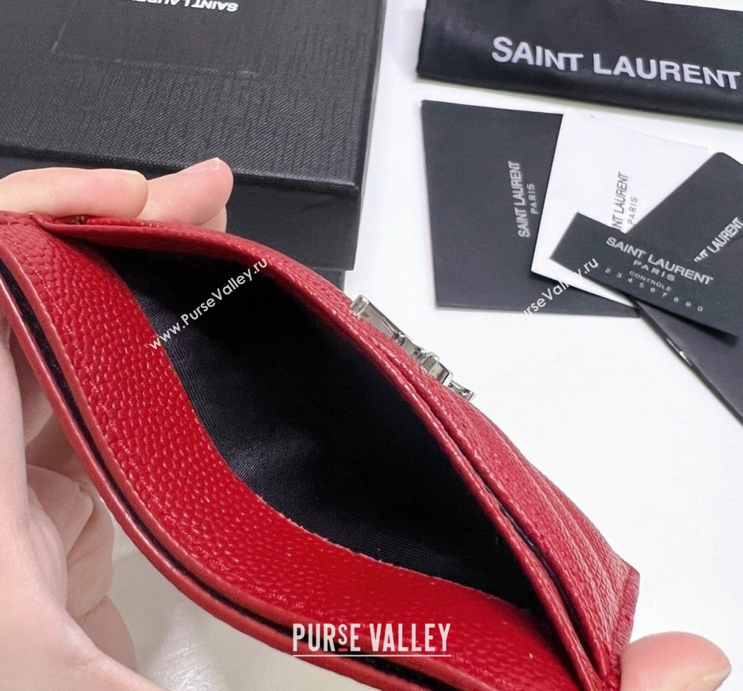 Saint Laurent Cassandre Matelasse Card Case In Grain De Poudre Embossed Leather 423291 Red/Silver (nana-24021812)