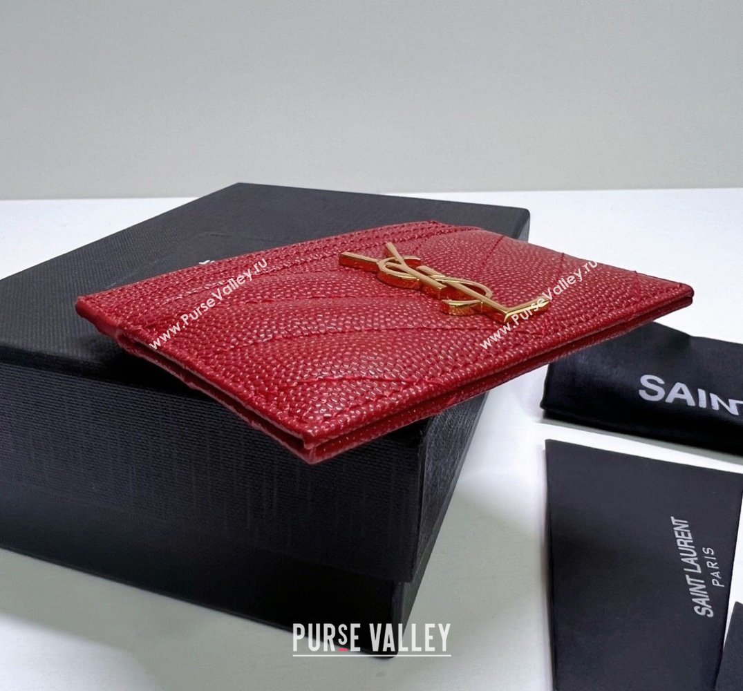 Saint Laurent Cassandre Matelasse Card Case In Grain De Poudre Embossed Leather 423291 Red/Gold (nana-24021811)