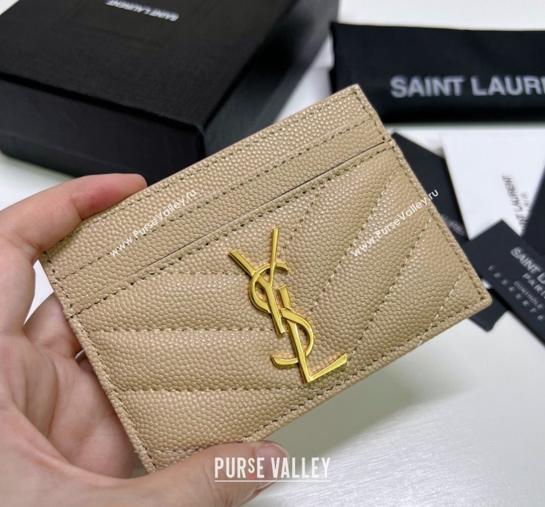 Saint Laurent Cassandre Matelasse Card Case In Grain De Poudre Embossed Leather 423291 Beige/Gold (nana-24021809)