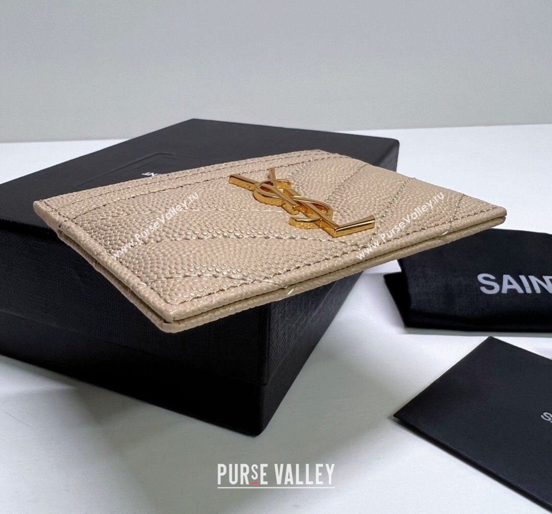 Saint Laurent Cassandre Matelasse Card Case In Grain De Poudre Embossed Leather 423291 Beige/Gold (nana-24021809)