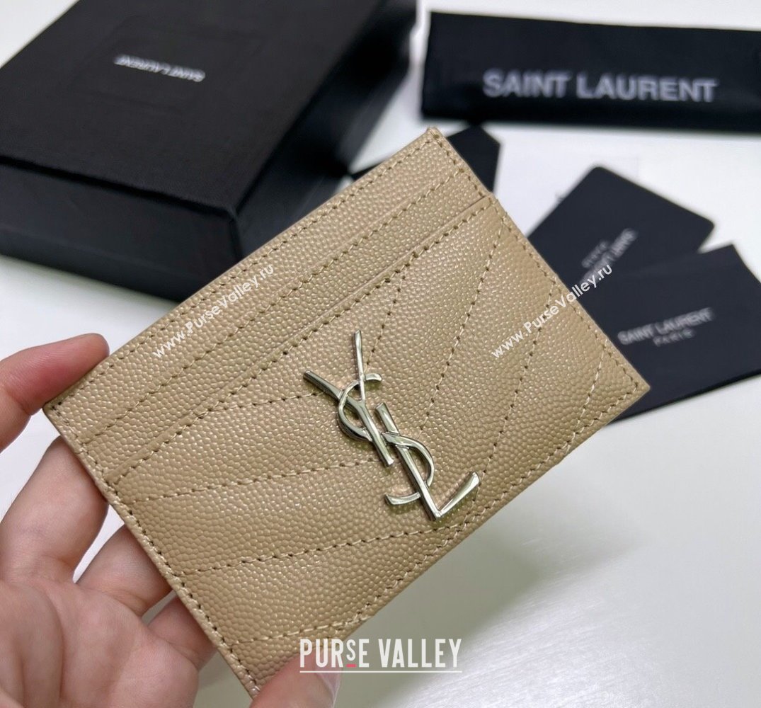 Saint Laurent Cassandre Matelasse Card Case In Grain De Poudre Embossed Leather 423291 Beige/Silver (nana-24021810)