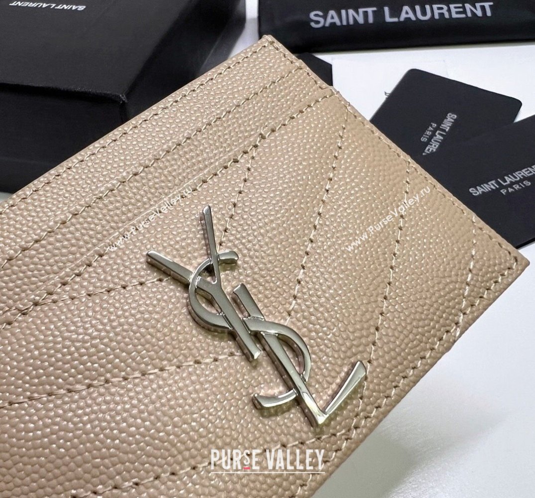 Saint Laurent Cassandre Matelasse Card Case In Grain De Poudre Embossed Leather 423291 Beige/Silver (nana-24021810)