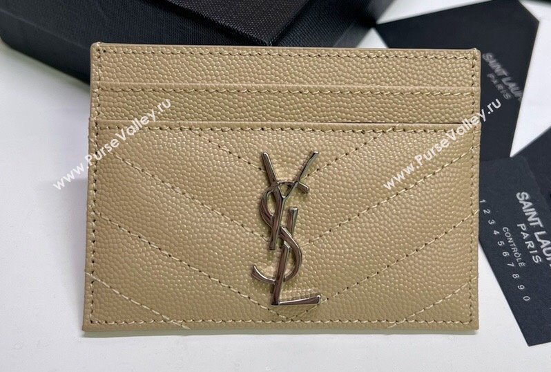 Saint Laurent Cassandre Matelasse Card Case In Grain De Poudre Embossed Leather 423291 Beige/Silver (nana-24021810)