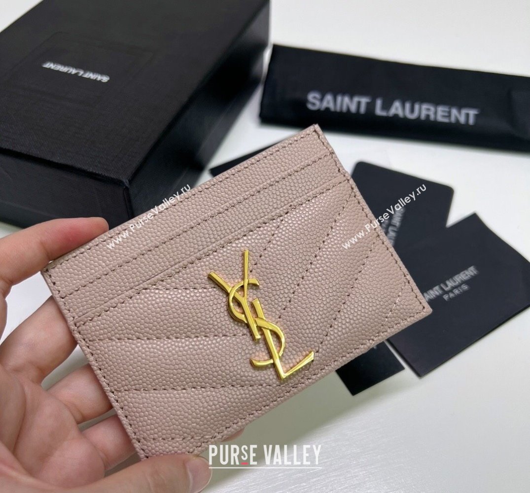 Saint Laurent Cassandre Matelasse Card Case In Grain De Poudre Embossed Leather 423291 Pink/Gold (nana-24021807)