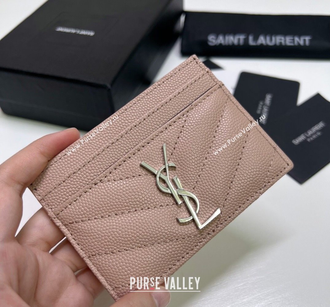 Saint Laurent Cassandre Matelasse Card Case In Grain De Poudre Embossed Leather 423291 Pink/Silver (nana-24021808)